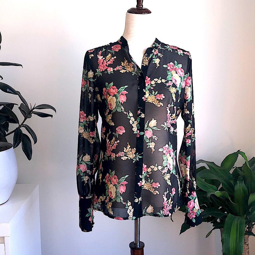 Black Floral Button Down Blouse